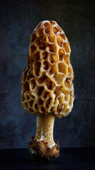 Tall Morel Mushroom with Honeycomb Cap, Side-Lit on Dark Matte Background