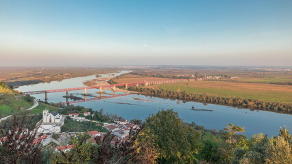 Panorama showing the Castle of Almourol on hill in Santarem aerial timelapse. Portugal
