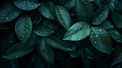 Fototapeta premium Dark green leaves, dark background, hyper-realistic style, low-angle shot, top view