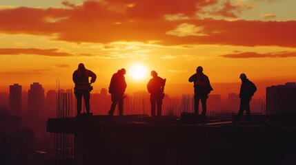 Fototapeta premium Silhouette of workers at a construction site building against a sunrise cityscape background