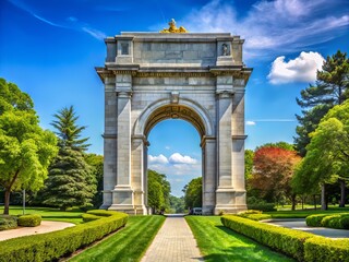 Fototapeta premium The majestic national memorial arch stands tall against a brilliant blue sky, its grandeur enhanced by the vibrant