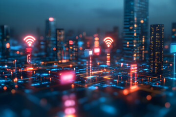 A vibrant cityscape illuminated by glowing data transfer signals showcases futuristic urban environment. intricate network of lights represents high speed data connectivity and technological advanceme