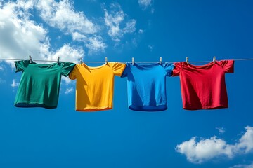 Four colorful t-shirts hanging on a clothesline against a bright blue sky.