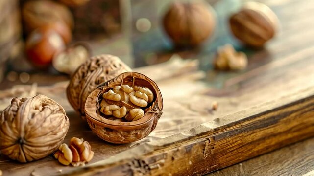 Walnut shell slowly closing on rustic wooden table