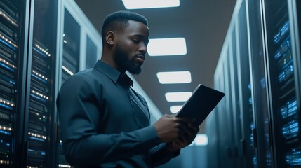 African american male computer technician using tablet and working