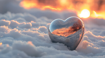 Fototapeta premium Shiny Heart-Shaped Ornament in Snow with Warm Sunset Reflection for Valentine's Day