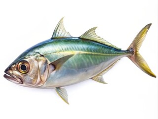 Naklejka premium The silver horse mackerel stands out against a pure white background, its shimmering scales and delicate fins a