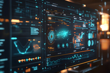 A modern data visualization dashboard showcasing advanced analytics and metrics related to 5G technology. interface features vibrant colors and intricate designs, reflecting complexity of data interpr