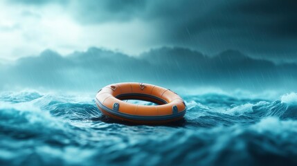 A life raft bobbing in a stormy sea, symbolizing the safety and security provided by insurance in challenging times.