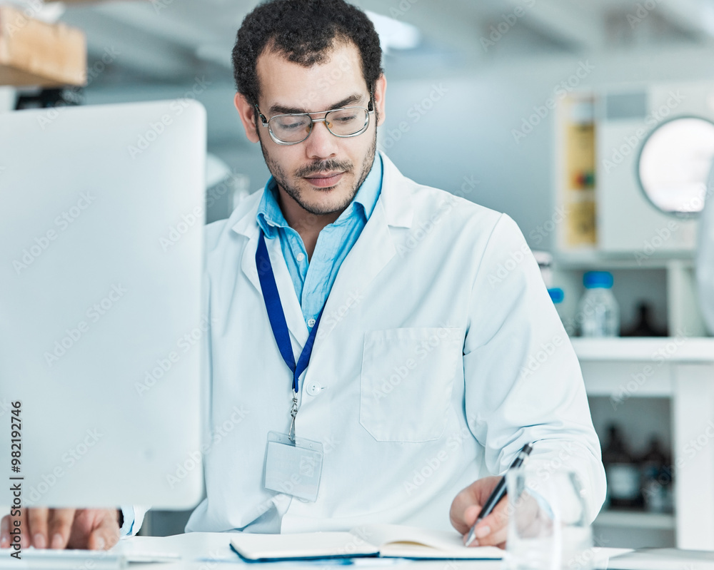 Aufkleber laboratory, computer and man with notes for research, check information and science investigation. h