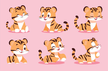 Set of cute tiger illustrations, vector illustrations with simple shapes and flat colors on a pink background.
