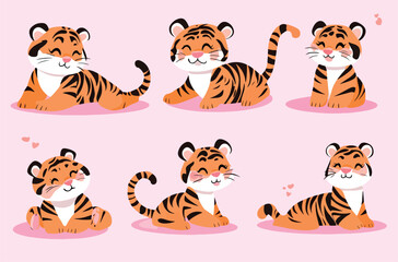 Set of cute tiger illustrations, vector illustrations with simple shapes and flat colors on a pink background.