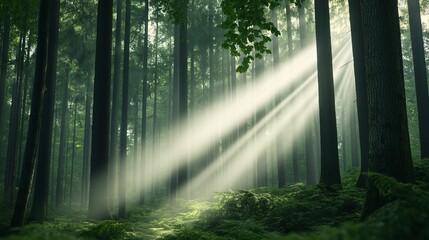 Obraz premium Sunbeams Through the Ancient Woods: Sunlight pierces through the dense canopy of a majestic forest, illuminating a mystical path through the verdant undergrowth. The ethereal glow casts long shadows