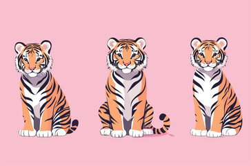 Set of cute tiger illustrations, vector illustrations with simple shapes and flat colors on a pink background.