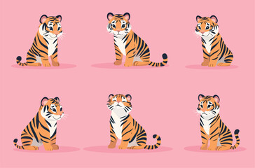 Set of cute tiger illustrations, vector illustrations with simple shapes and flat colors on a pink background.