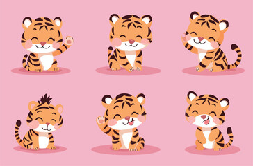 Set of cute tiger illustrations, vector illustrations with simple shapes and flat colors on a pink background.