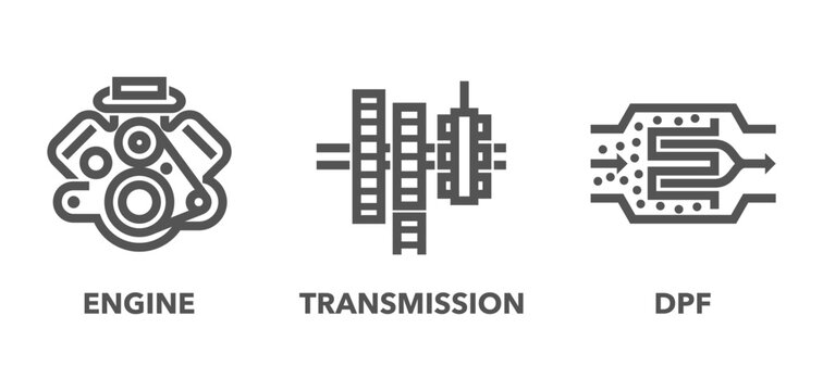 Car service icons set in bold line - DPF, transmission, engine