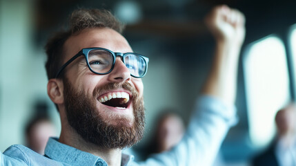 Obraz premium Happy colleagues playing a game and cheering in a modern office, team bonding and celebration, fun and positive energy, copy space