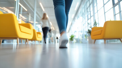 People walking and working in a stylish office lounge area, modern design, open seating, blurred motion indicating activity, copy space