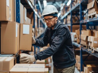 A warehouse worker wearing a hard hat and gloves organizes boxes on shelves, ensuring efficient storage and inventory management.