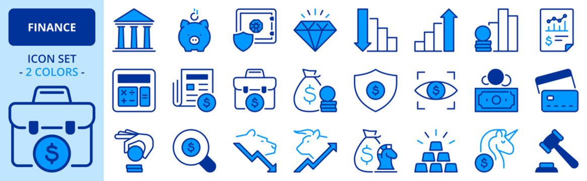 Icons in two colors about finance. Financial concept.