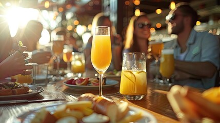Two cocktails on wooden table, with blurred people in background. Perfect for illustrating a relaxing brunch with friends.