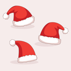 A collection of three red Santa hats with fluffy white trim and cartoon style pom poms. Ideal for Christmas decorations, holiday themed illustrations and holiday projects.