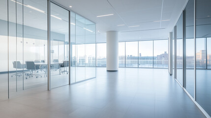 Fototapeta premium Professionals having a meeting in a bright glass-walled conference room, modern office with floor-to-ceiling windows, focused and collaborative atmosphere, copy space