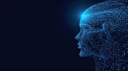 A stunning digital profile of a human head formed by particles in cyan and dark blue, highlighting advanced technology themes.