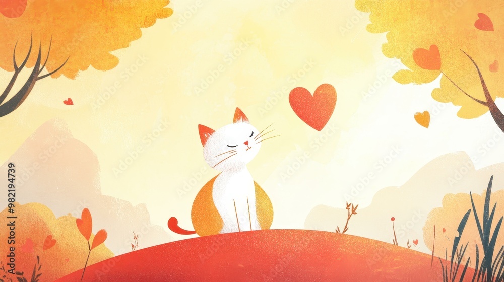 Poster A delightful cat illustration that embodies love, showcasing vibrant colors and whimsical textures in a charming style.