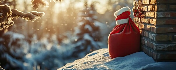 A festive red sack rests by a cozy chimney, surrounded by snow and twinkling lights, evoking a magical winter scene.