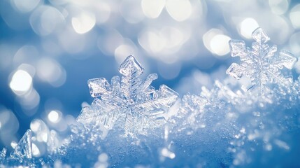 Beautiful ice crystals glisten in the soft blue light, creating a serene winter landscape filled with sparkling snowflakes.