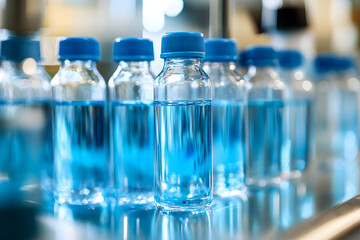 Clear bottles filled with blue water are arranged neatly on reflective surface, showcasing vibrant color and clarity of liquid. scene evokes sense of freshness and purity, ideal for discussions on wat