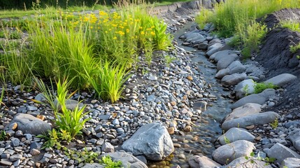 Riverbank with Erosion Control and Native Plantings Improving Habitat and Water