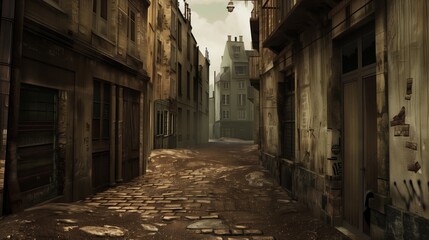 Fototapeta premium Atmospheric Historical Urban Street with Cobblestone Path and Old Buildings at Dusk, an Illustration.
