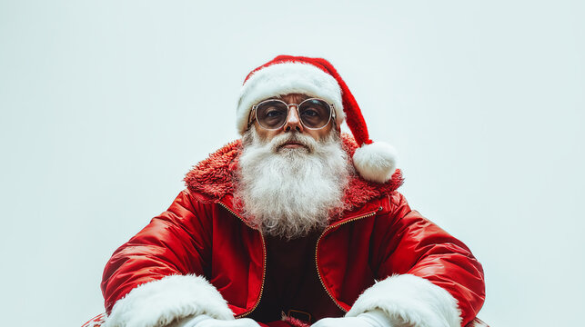 Santa Claus Gansta wearing a bright red jacket and vintage sunglasses, exuding attitude. His long beard and Santa hat add a festive flair to the urban vibe