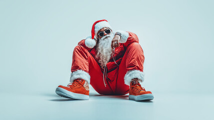 Santa Claus embraces a cool urban vibe while dressed in a bright red outfit and stylish sneakers, radiating holiday cheer and swagger