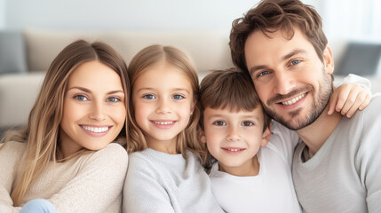 Happy family of four relaxing on a cozy couch, parents hugging their children, bright living room with natural light, warm and joyful energy, copy space