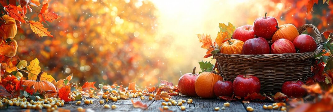 A beautiful autumn harvest display featuring pumpkins, gourds, and apples, perfect for Thanksgiving and Halloween celebrations. Copy space included.