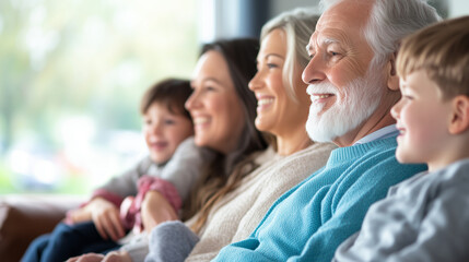 Fototapeta premium Large happy family sitting together on a cozy couch, three generations including grandparents and children, joyful and loving family bond, bright living room, copy space
