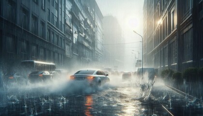 A heavy rainstorm in a city, with raindrops splashing on puddles and wet streets.