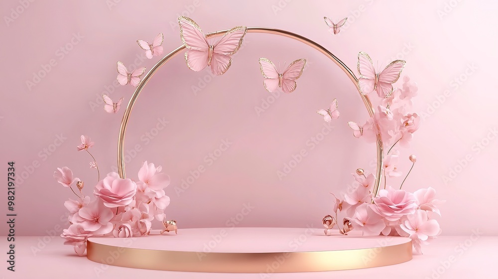 Poster butterfly podium background pink 3d flower pedestal rose stage cosmetic wedding platform. background