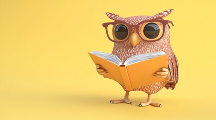 Fototapeta premium Owl With Glasses reading a book, ntellectual owl with glasses perched on an open book against a bright yellow background.