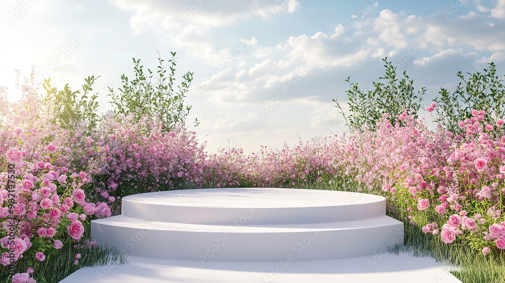 Poster natural beauty podium backdrop with spring rose flower field scene. 3d rendering