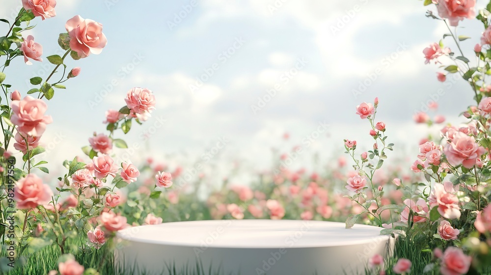 Poster Natural beauty podium backdrop with spring rose flower field scene. 3d rendering