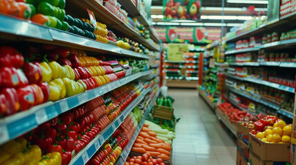 Supermarket aisles and colorful shelves, fresh vegetables, assortment of produce