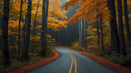 road in autumn forest, generative ai