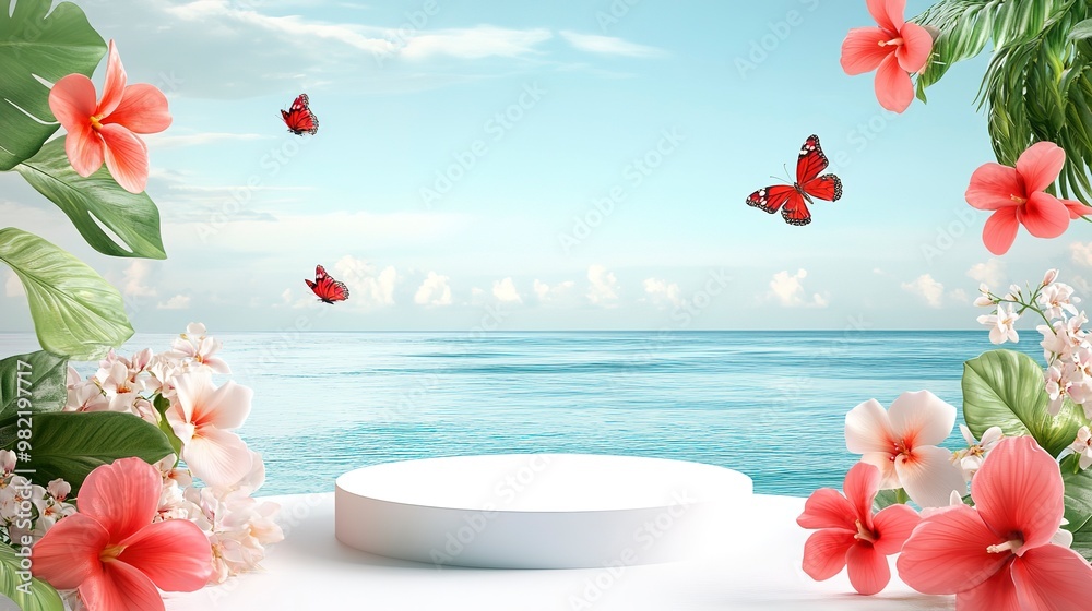 Canvas Prints A summer empty podium for product demonstration against the background of the sea with tropical flowers and butterflies. Sunscreen cosmetics, beach holidays, hotel tour, oceanfront wedding