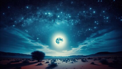 A clear night sky filled with stars and a glowing full moon over a desert.