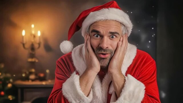 Portrait of cute emotional Santa Claus in red traditional suit